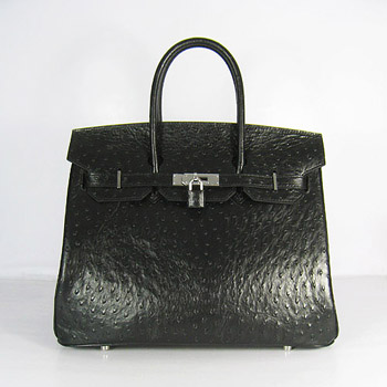 Hermes Birkin 35Cm Ostrich Stripe Handbags Black Silver